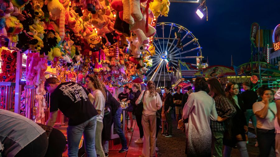 Fair Exhibition people playing games on the fair with the Ferris wheel in the background 