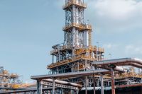 refinery construction Oil refinery plant. Petroleum refinery tower building. Trzebinia, Poland. 