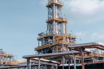 refinery construction Oil refinery plant. Petroleum refinery tower building. Trzebinia, Poland. 