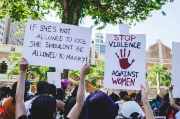 protest women Placards during the Women's March MY in Kuala Lumpur, Malaysia, on 12th March, 2023. One of the placards says, 'If she's not allowed to vote, she shouldn't be allowed to marry!', while the other says 'Stop violence against women'. Child marriage laws in Malaysia allows adult men to take underage girls as wives.
