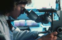 Research investment Profile shot of a Caucasian female scientist looking through an inverted microscope at cells that have been grown in culture media. 