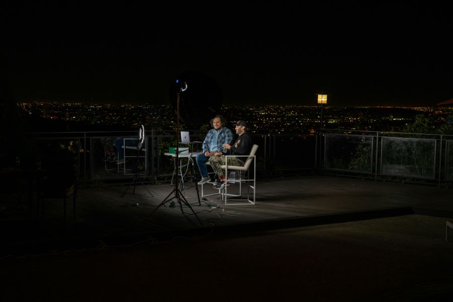 Comedian Comedians Josh Wolf and Felipe Esparza recording 