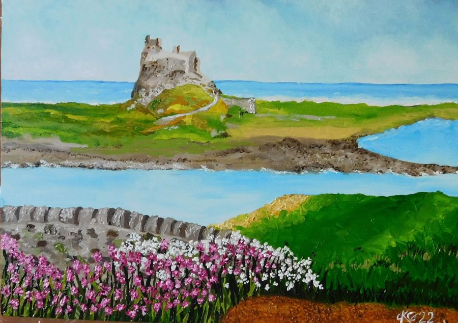 British culture Holy Island Castle. We live only about two hours from Holy Island. When I was young it was a regular destination for me and my parents through the summer months. Deeply peaceful and historical an important wildlife and sea life protection area. I had an Aunt who owned the Lord Crewe Arms in Bamburgh only a few miles away. Grace Darlings powerful shipwreck rescue was on these dangerous seas. A truly magical place. An original oil painting on A4 Beechwood canvas. fine art,holy,stony beach