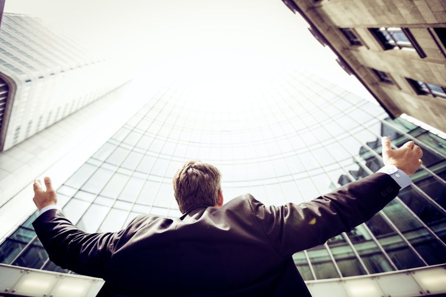 Success Looking Up winner,office building,man