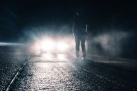 Traffic accident Man in front of headlight scary,united states,headlights