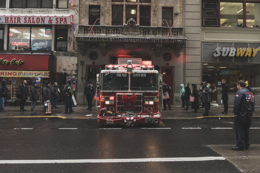 Emergency false  building,fire truck,urban