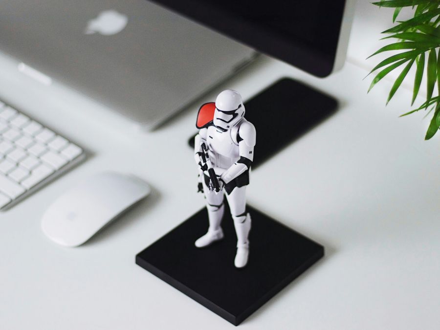 Geek We love toys and all things geeky! The idea that this stormtrooper would guard our desk when away was something we wanted to try and capture. Also the white armour fits perfectly with the minimal aesthetic of our tech.