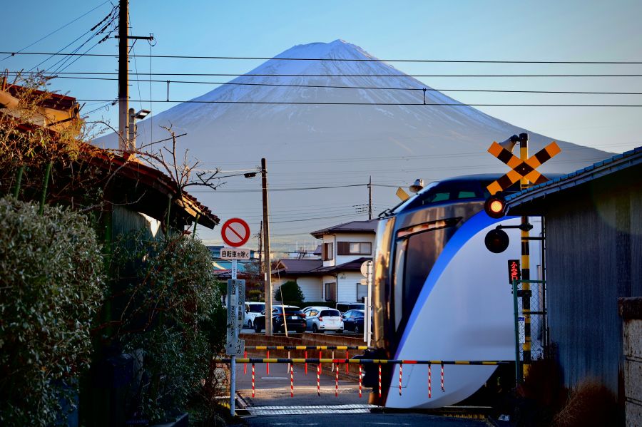 Railway crossing japan,mount fuji,shizuoka