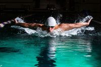 Swimming Running Male swimmer racing the butterfly stroke in athletic pool. 