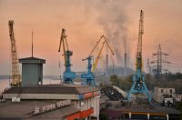 Groundwater contamination Kamianske, former Dnieprodzerzhinsk river port. Metallurgical plant on background environmental,ecology,pollutions