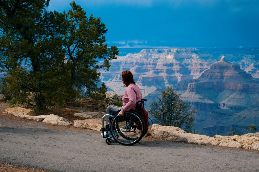 travel disability Une femme en fauteuil roulant regardant l'horizon, sur les bords du Grand Canyon | 
A woman in a wheelchair gazing at the horizon on the rim of the Grand Canyon 