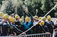 Triathlon Lining up ready for a battering! The start of a triathlon can be a bit rough with all the arms flailing, but usually it's ok once settled into a rhythm and you find some clear water 