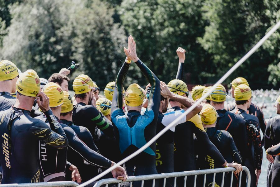 Triathlon Lining up ready for a battering! The start of a triathlon can be a bit rough with all the arms flailing, but usually it's ok once settled into a rhythm and you find some clear water 
