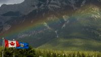 Floods Rainstorm Rainbow after a quick spring rainstorm canada,canmore,rainbow