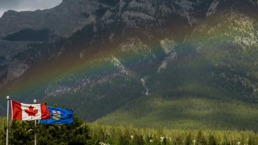 Floods Rainstorm Rainbow after a quick spring rainstorm canada,canmore,rainbow