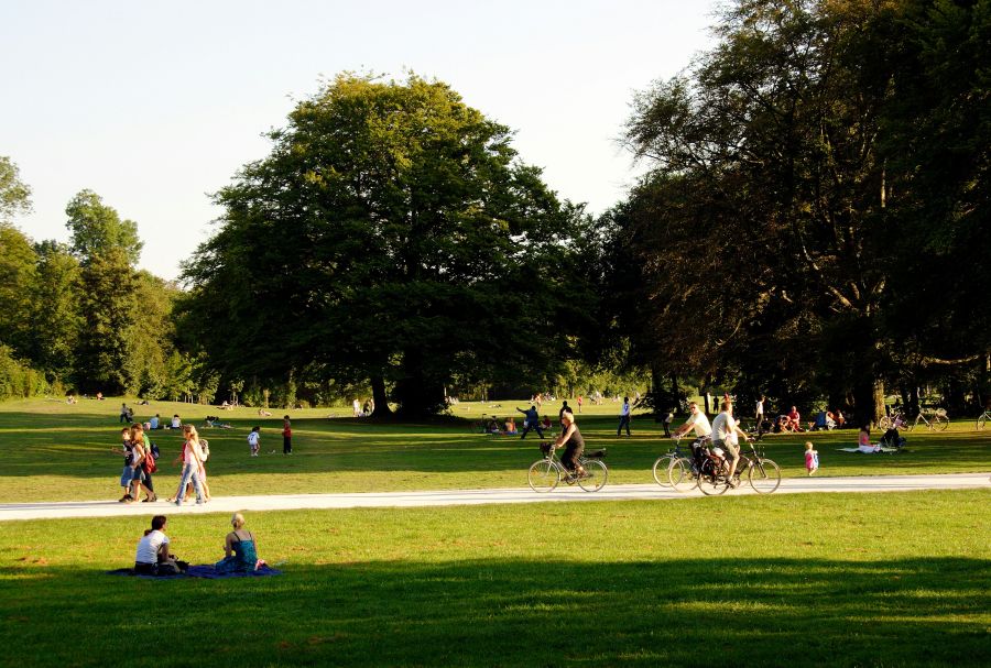 Park Many people enjoy the afternoon sun on the meadows of the English Garden, sitting and lying; others walk or ride a bicycle. park,englischer garten,munich