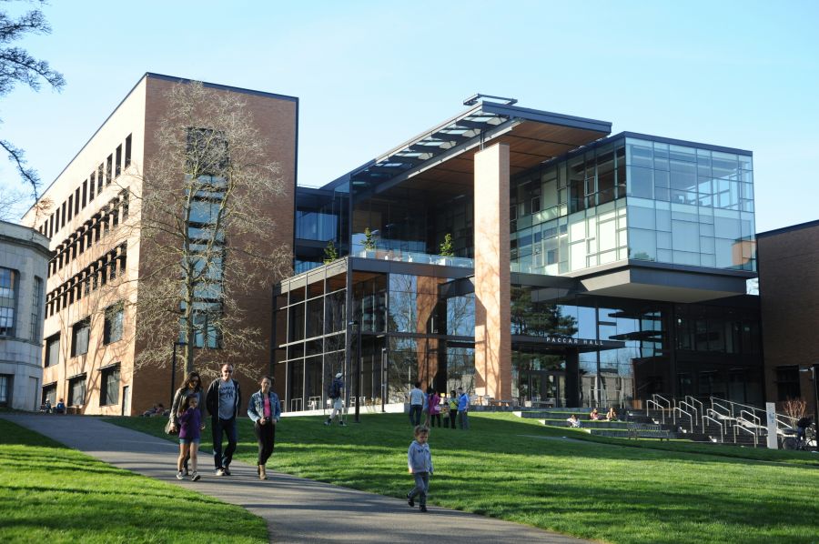 University campus People, kid, walking near the front of Paccar Hall, Business School, contemporary architecture, University of Washington, campus, Seattle, Washington, USA college campus,campus,seattle