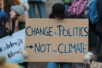 Ecology Protest Change the politics, not the climate! A sign made by kids during the Friday's for future climate strike at the Helsinki Parliament in April 2019. 