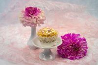 Chrysanthemums Heat Decoration from chrysanthemums and muffin. Template for postcard, poster, magazine. flower,plant,dessert