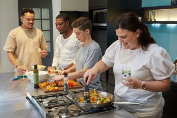 Cooking workshop A group of South African friends with diabetes prepares a healthy meal together. 