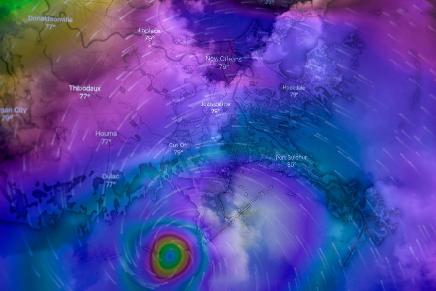 Weather forecast Double exposure of Hurricane Ida approaching New Orleans on August 29, 2021. weather,new orleans,usa