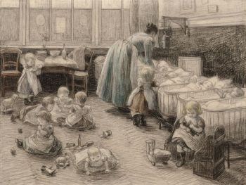 Lullaby Children Titel Kleuteronderwijs. De Femina Muller Kinderbewaarplaats in de Vinkenstraat (1872-1937). Techniek: zwart en gekleurd krijt Beschrijving Kleuteronderwijs. Kinderbewaarplaats in de Vinkenstraat. Afmetingen: 275x365 mm.