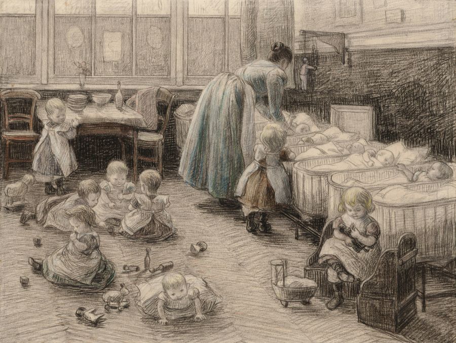 Lullaby Children Titel Kleuteronderwijs. De Femina Muller Kinderbewaarplaats in de Vinkenstraat (1872-1937). Techniek: zwart en gekleurd krijt Beschrijving Kleuteronderwijs. Kinderbewaarplaats in de Vinkenstraat. Afmetingen: 275x365 mm. 