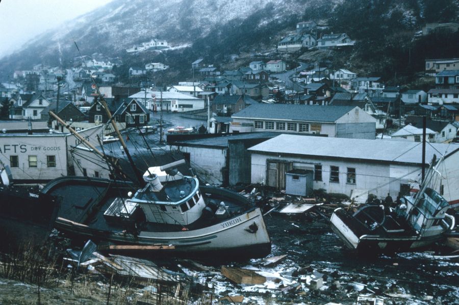 Extreme weather Alaska 1964 Good Friday earthquake and tsunami damage.  vehicle,boat,water