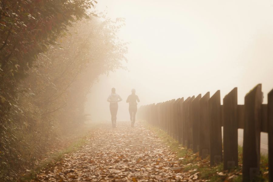 run women two female friends jogging on a foggy autumn trail away from the camera 