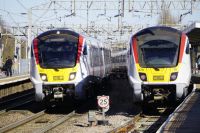 Railway train A pair of Greater Anglia Class 720 'Aventra' units at Colchester station on the last day of regular scheduled service of Class 321 'Renatus' trains on the Greater Anglia network. railway station,colchester,station road