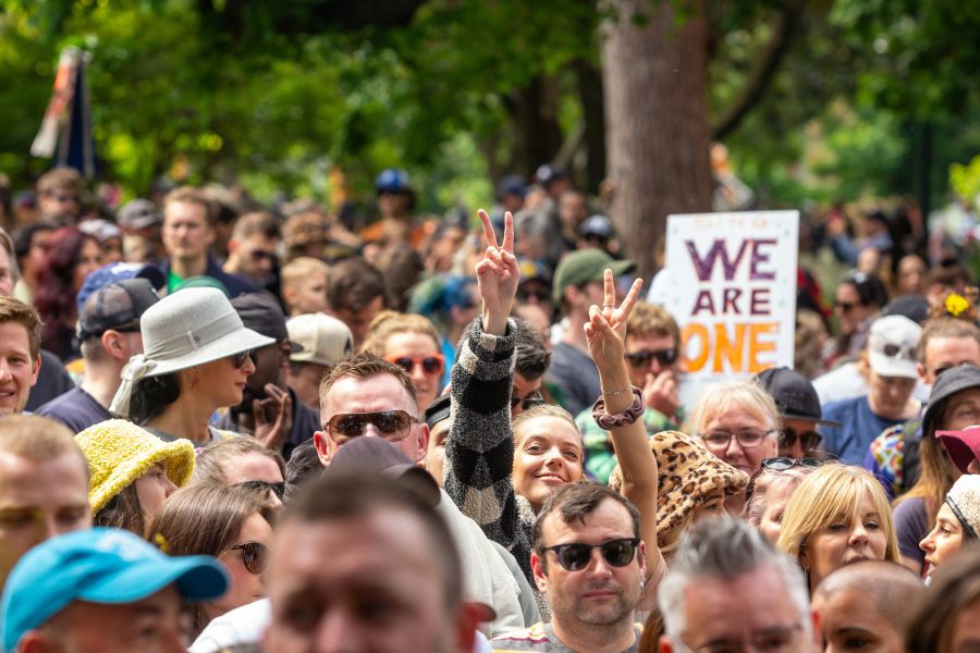 Antisemitism Melbourne's Freedom protests rally and march in the city November 20th 2021 - over 200,000 people marched from Parliament to the Flagstaff Gardens. A happy family friendly crowd singing and chanting 