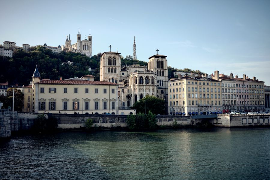 Lyon skyline Captivating Lyon skyline reflected in Rhone River, showcasing city's historic landmarks. 
