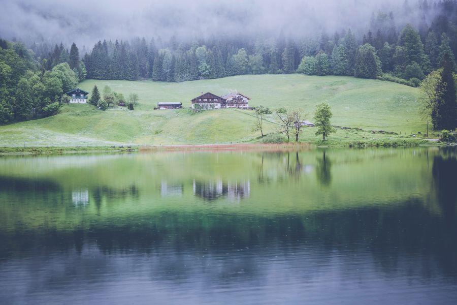 Hotel shelter Hintersee Lake House Forest reflexion,mountain range,alps