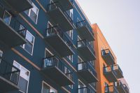 Housing Blue and orange apartment building,united states,raleigh