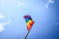 Pride parade A rainbow flag in Cologne, Germany. 