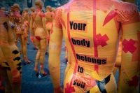Assault Your body belongs to you - November 25 is the international day against domestic violence. This photo was taken in Bonn, displaying the work of an artist. assaulted,femicide,domestic