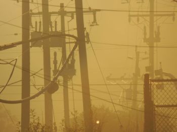 Power outage Power lines on a misty morning. half moon bay,ca,usa