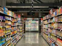 Supermarket aisle, food, cheese, dairy refrigeration, cookies, biscuit, cereal, tea, coffee, yogurt, almond, rice, soy milk rice, spice, sauce, cereal, quick milk, store shelf shelf,  store, supermarket, supermarket aisle 