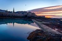 Fort Saint Saint-Malo in winter.  we see the sea and intramural, the Corsair coast.  this photo was taken in the morning.  we see a seagull and the reflection  tower,spire,steeple