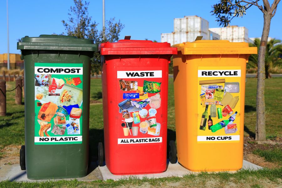 Garbage waste Three brightly colored waste bins placed where they can easily be found and used . waste,compost,recycling