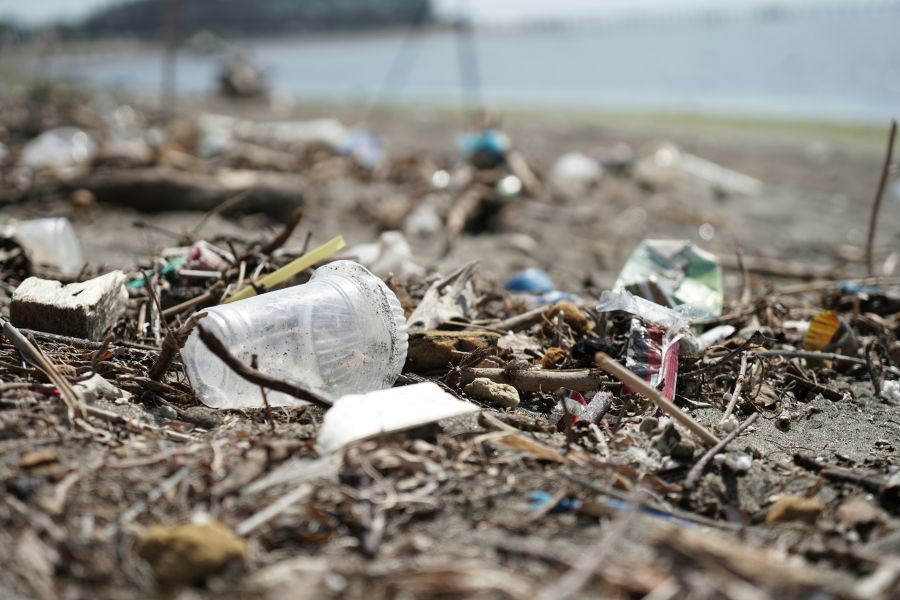 Trash Plastic pollution on the beach in Bali, before Ocean Cleanup Group operation. Plastic cups on the beach. Plastic waste