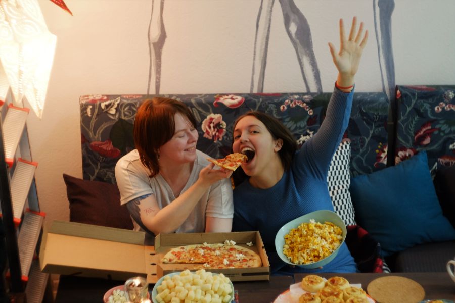 Series set Two girls are watching movie and enjoing their life and pizza россия,novosibirsk,pizza