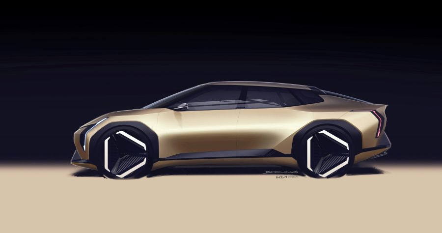 electric car A sketch of the left side view of the Kia Concept EV4. 