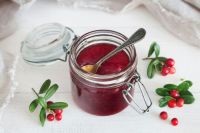 Conserv conserve Jar of cranberry jam with a spoon jar,sugar,season