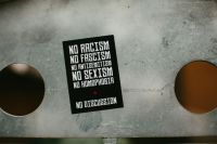 discrimination racism NO Racisim NO Faschism NO Antisemitism NO Sexism NO Homophobia – NO DISCUSSCION. Urban street art – protest statement 