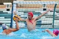 Waterpolo During a water polo match the goal keeper (red cap) lifts himself out of the water and spreads his arms as wide as possible to prevent the other team scoring. 
 kloof,durban,thomas more college