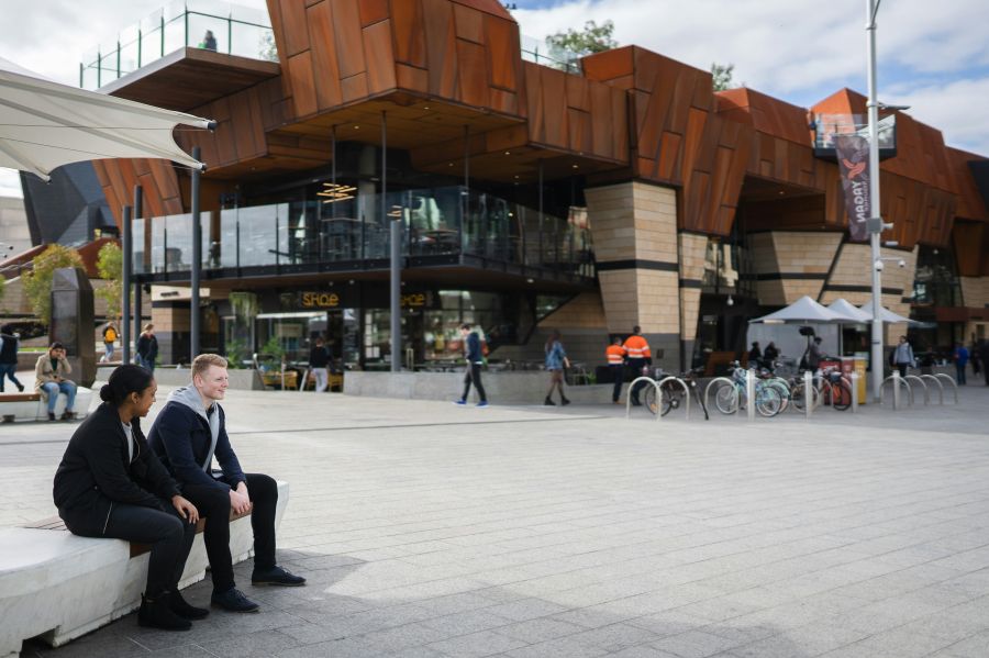 Square Friends sitting together in the heart of Perth at Yagan Square.