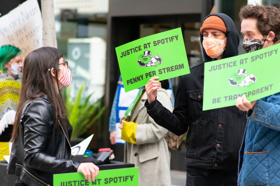 Union protest Union of Musicians and Allied Workers protesting at Spotify's corporate headquarters in San Francisco. current events,poster,union of musicians and allied workers