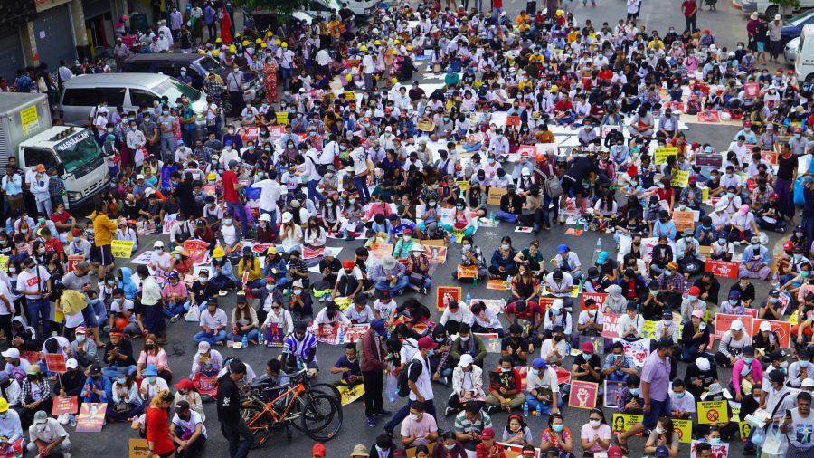 Strike protest Crowded people strike to military junta 
YGN, Myanmar  strike,current events,banner