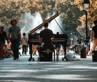 Street Artist Saw this amazing classical piano player in Washington Square Park and as soon as I lined it up with the fountain I knew it would be a perfect beautiful shot to match the beautiful music park,walkway,pathway
